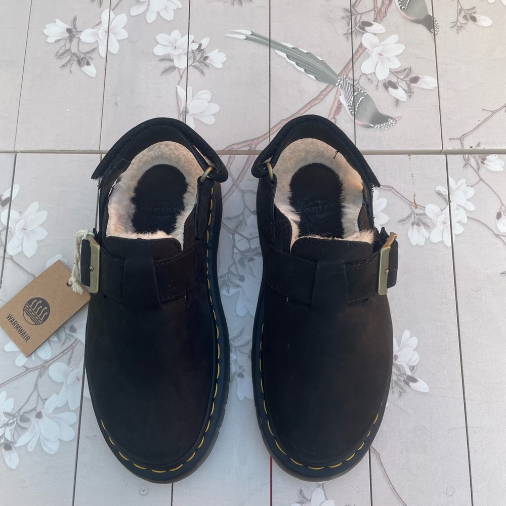 Dr. Martens Black Leather Shoes with White Fur Lining